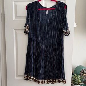Navy blue printed open shoulder dress